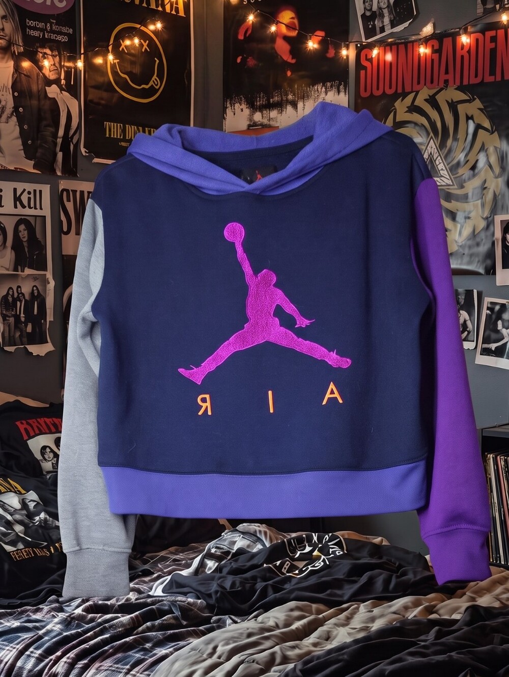 Y2K Nike Air Jordan Colorblock Kids Hoodie - Navy, Purple, Gray